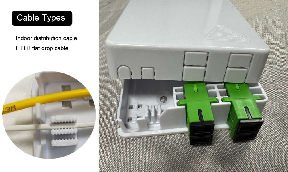 4 port plastic fo termination box, cable go through from top to bottom, max splicing with 4 sc pigtails and adapters, wall mount white