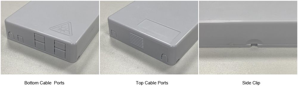 4 port plastic fo termination box, cable go through from top to bottom, max splicing with 4 sc pigtails and adapters, wall mount white