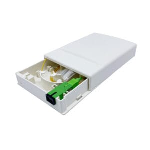 fiber optic wall outlet, slide open cover, no screws, 2mm 3mm or 2x3mm drop cable exit