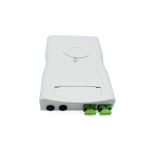 long ftth termination box, 2 sc, 2 cable ports 3mm diameter, top cover locking with screw, white abs