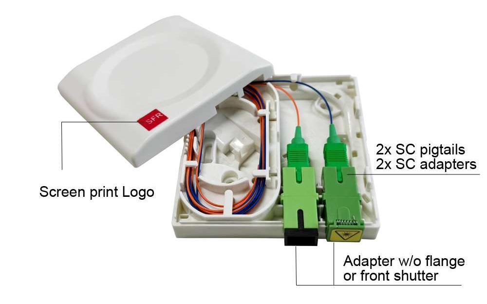 ftth fat box 2 cores sc connectors, fiber optic outlet, left cable winding, right cable distribution