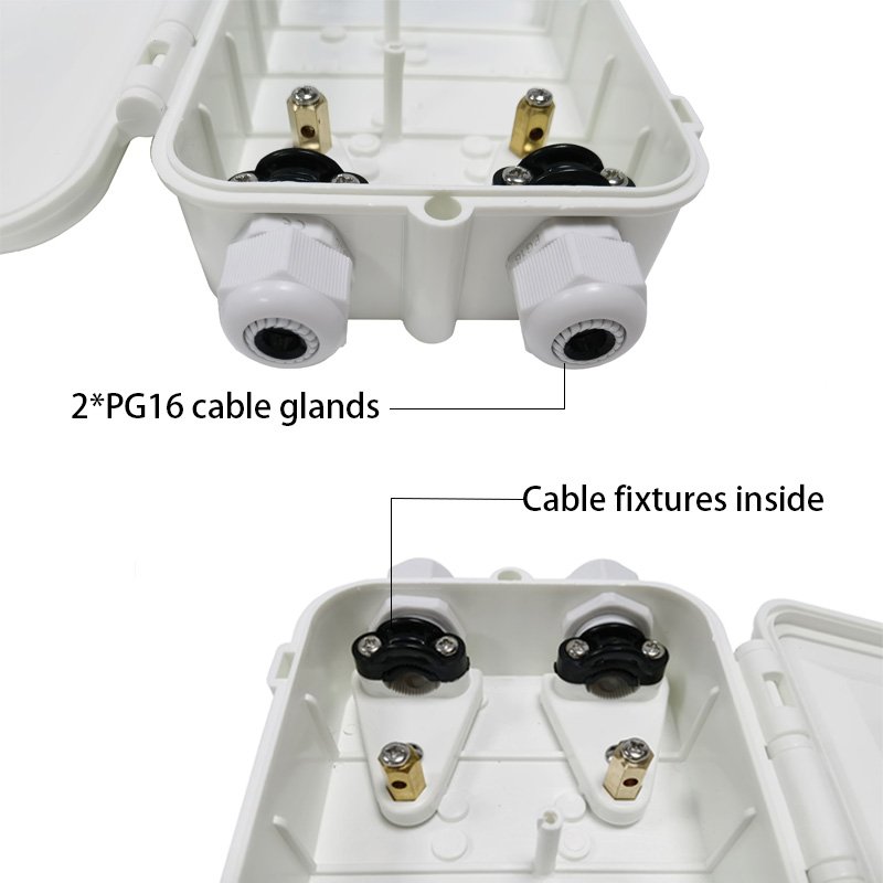 12 cores bundy fiber connection box, cable gland 8 16mm, 8 adapter sc fc ports, with splice tray, white color