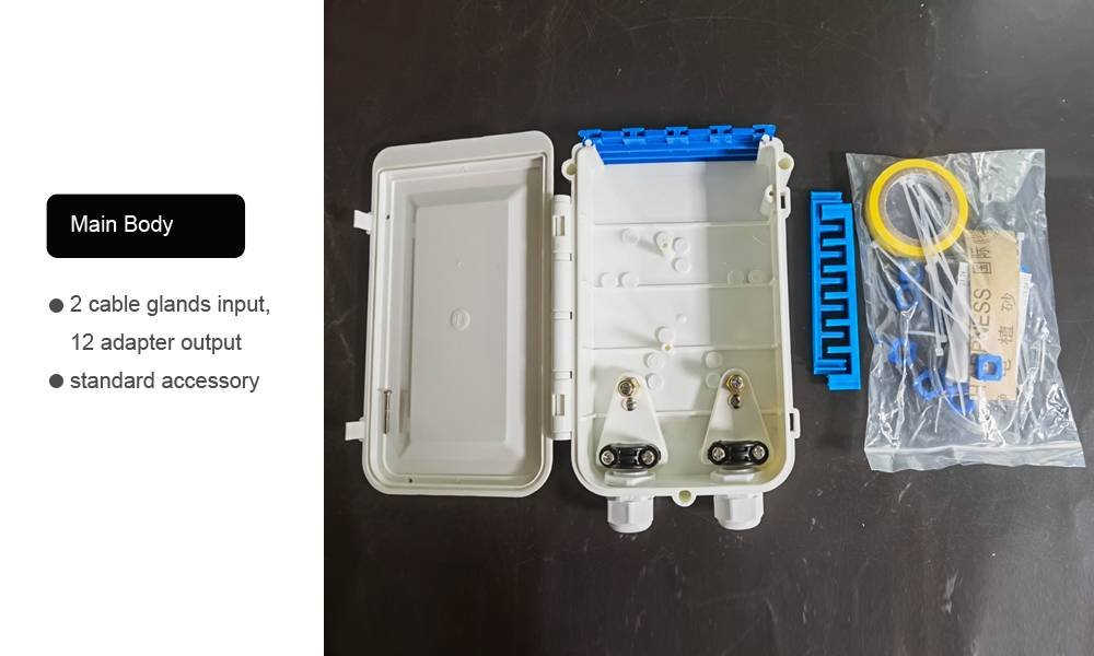 12 cores bundy fiber connection box, cable gland 8 16mm, 8 adapter sc fc ports, with splice tray, white color