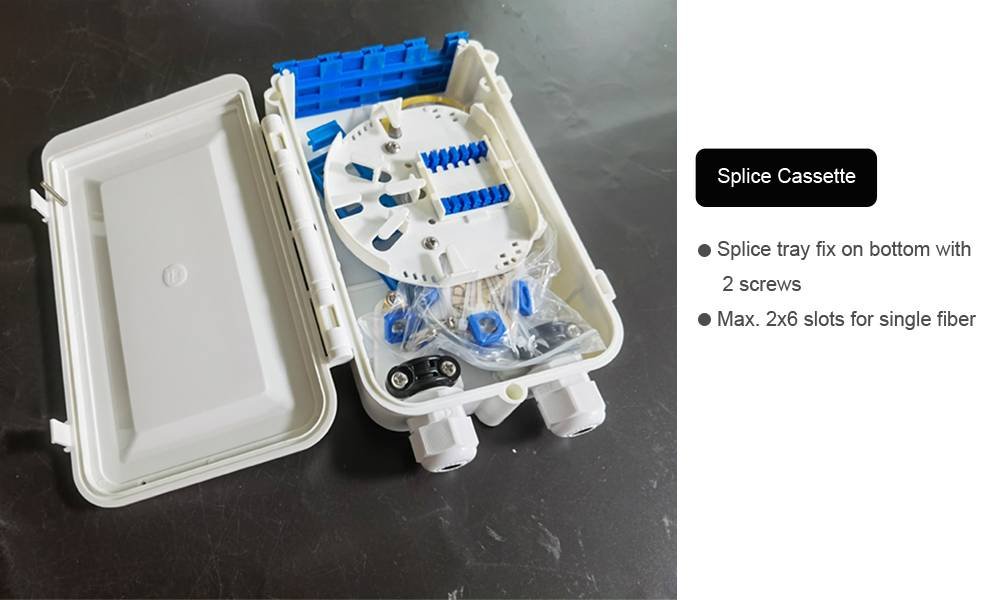 12 cores bundy fiber connection box, cable gland 8 16mm, 8 adapter sc fc ports, with splice tray, white color