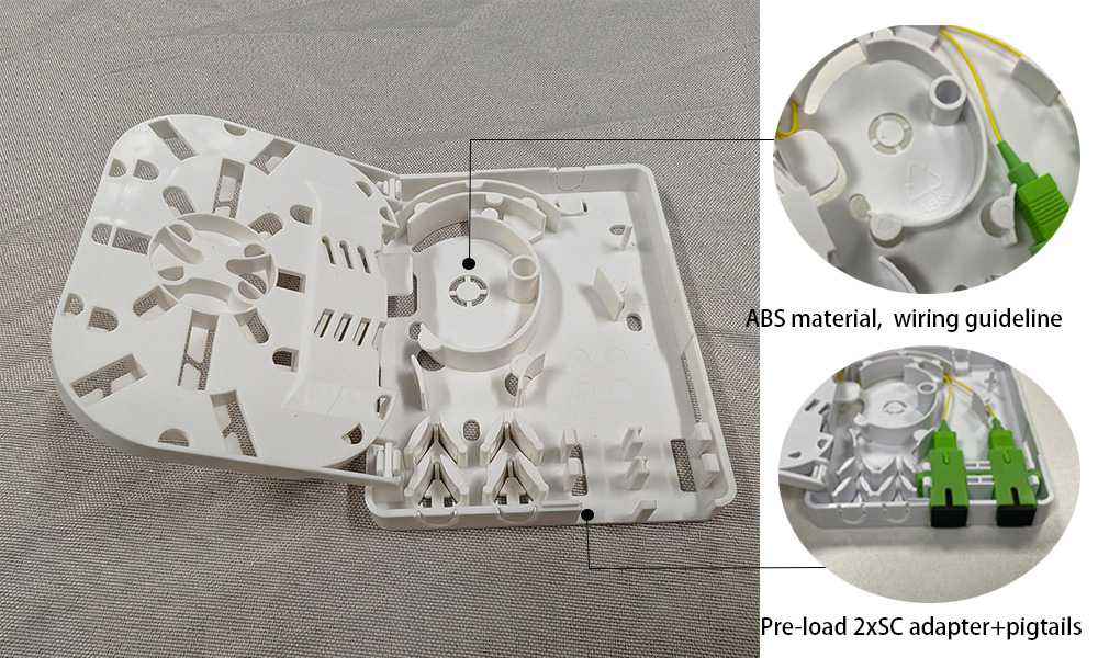 fiber optic wall plate outlet, separate lid and bottom, splice tray, 2 sleeves, 2 sc connector, pigtails