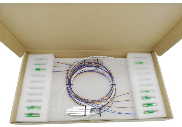 lc fiber optic splitter 1x2 with mini plc splitter module, 1m 900um loose tube white in, colored output, 20pcs/foam pack