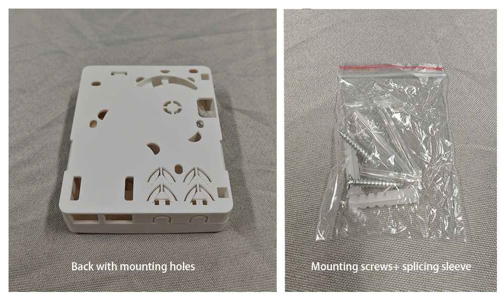 fiber optic wall plate outlet, separate lid and bottom, splice tray, 2 sleeves, 2 sc connector, pigtails
