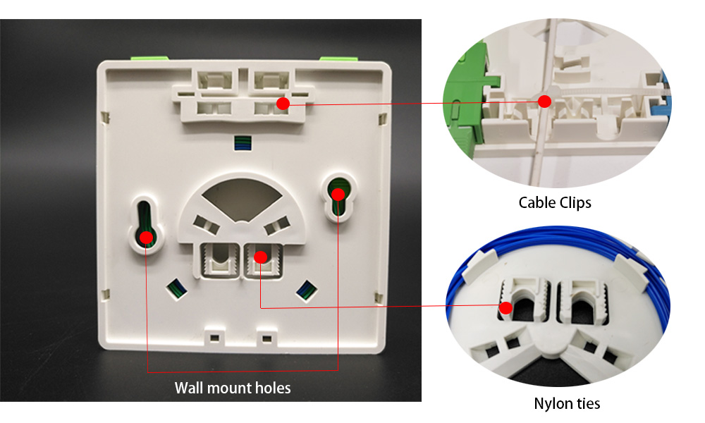 ftth outlet 2 port sc,front cable entrance and exit, indoor ip45 wall mounted, white plastic