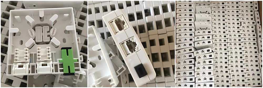 1 core fiber wall outlet, 2 rj45 modules for cat5e, cat6, indoor mounting on wall