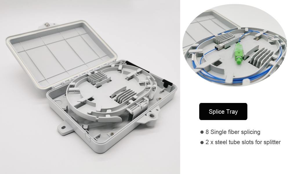outdoor wall mounted roseta fibra optica, optical fiber splitter 1x8 , 8 heat shrinkable protector, 10mm cable diamter,2x5mm drop cable exit
