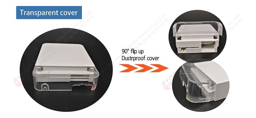 1 port roseta fibra optica movistar custom, transparent front cover, sc simplex or duplex adapters optional, bottom cable entrance