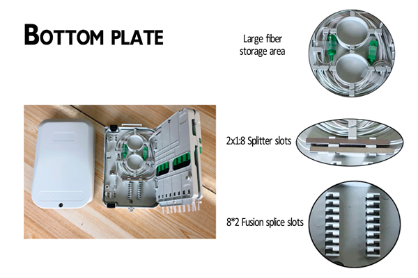 16 port sc fiber optic box wall mounting, 3 layer deisgn, separate fiber splicing, distriution and splitting area, mid span
