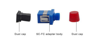 plastic sc to fc adapter, male female adapter connector, flange with mounting holes, sc blue with steel clip, fc red cap