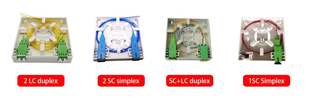 86 fiber optic outlet, 86*86*25mm, 2 sc port, mechanical splicer, fiber sleeve holders, wall mounted