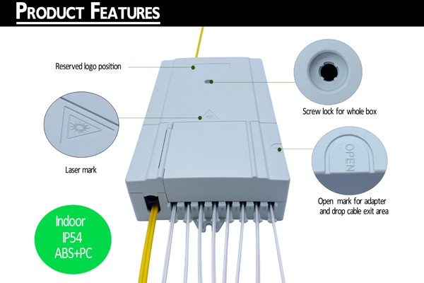 wall mounted indoor fiber box for ftth fttb network, 8 sc adapters and pigtails sm & mm, flat cable, 4 cable entrance diameter 10mm