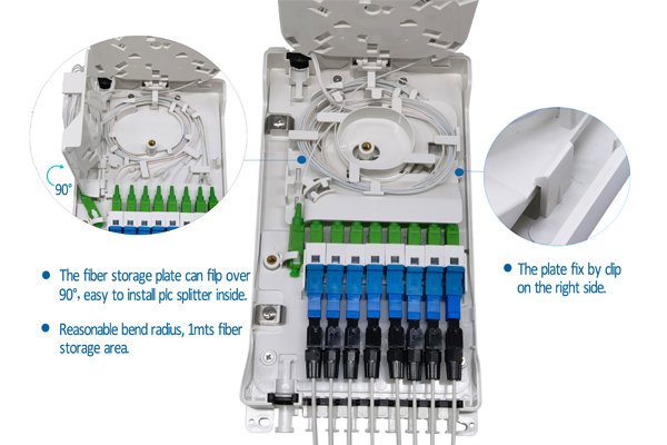 8 port fiber outdoor box with drop cable exit, 1x8 splitter tray, splice tray, winding area, cable go straightly without cutting