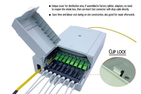 wall mounted indoor fiber box for ftth fttb network, 8 sc adapters and pigtails sm & mm, flat cable, 4 cable entrance diameter 10mm