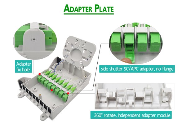 ip65 outdoor fiber termination box,10mm cable go straightly,8 drop cable port 2x5mm with rubber, 8 sc adapters, 1x8 mini splitter, splice tray, 2 cover.