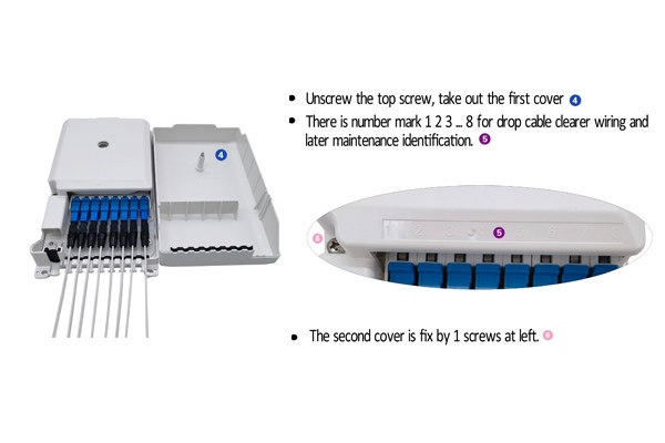 8 port fiber outdoor box with drop cable exit, 1x8 splitter tray, splice tray, winding area, cable go straightly without cutting