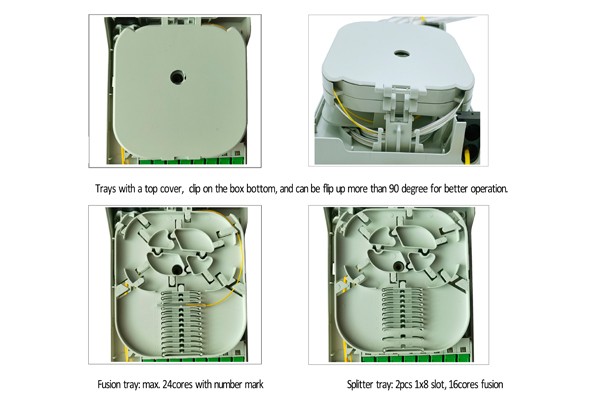 wall mounted indoor fiber box for ftth fttb network, 8 sc adapters and pigtails sm & mm, flat cable, 4 cable entrance diameter 10mm