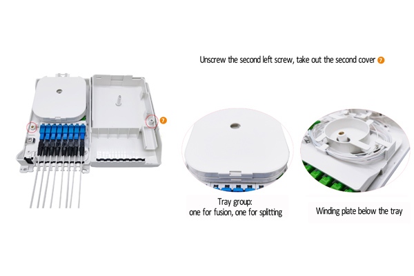 8 port fiber outdoor box with drop cable exit, 1x8 splitter tray, splice tray, winding area, cable go straightly without cutting