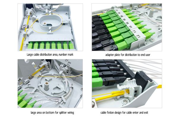 wall mounted indoor fiber box for ftth fttb network, 8 sc adapters and pigtails sm & mm, flat cable, 4 cable entrance diameter 10mm