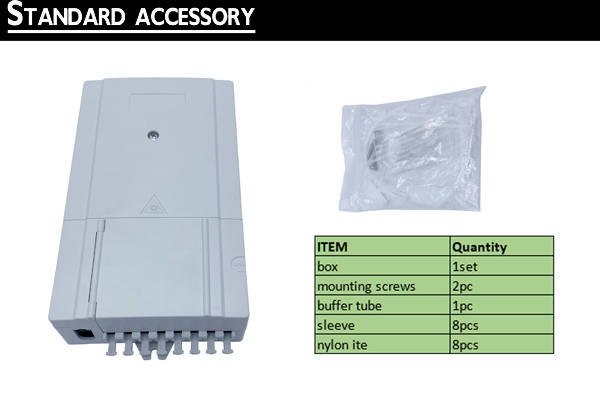 wall mounted indoor fiber box for ftth fttb network, 8 sc adapters and pigtails sm & mm, flat cable, 4 cable entrance diameter 10mm