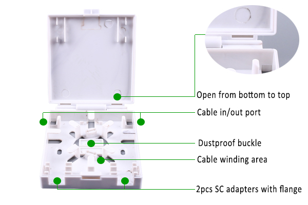 ftth roseta de fibra optica box 2 cores,up down open, white, indoor wall mounting