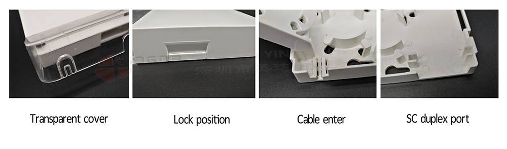 1 port roseta fibra optica movistar custom, transparent front cover, sc simplex or duplex adapters optional, bottom cable entrance