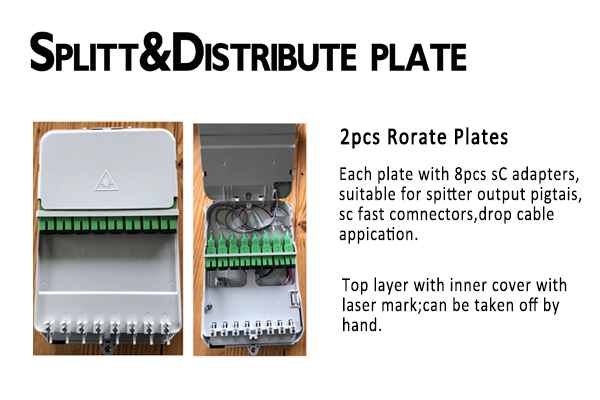 16 port sc fiber optic box wall mounting, 3 layer deisgn, separate fiber splicing, distriution and splitting area, mid span