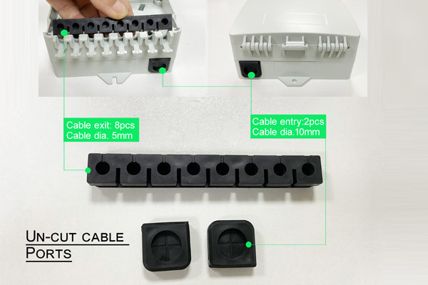 plastic fiber termination box wall mount indoor use, 8 sc connectors, 2 cable ports 100mm with rubber seal, 12 core splicing cassette