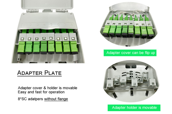 plastic fiber termination box wall mount indoor use, 8 sc connectors, 2 cable ports 100mm with rubber seal, 12 core splicing cassette