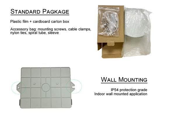 plastic fiber termination box wall mount indoor use, 8 sc connectors, 2 cable ports 100mm with rubber seal, 12 core splicing cassette