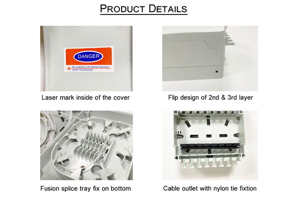 plastic fiber termination box wall mount indoor use, 8 sc connectors, 2 cable ports 100mm with rubber seal, 12 core splicing cassette