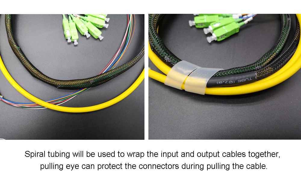 8 core fiber pigtail assembly , distribution cable yellow lszh, fanout 0.9mm sc apc connector green 1mts
