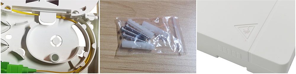 optic wall outlet, 2 sc port, splice tray, white, 2 cable entrance with clip, mounting with screws