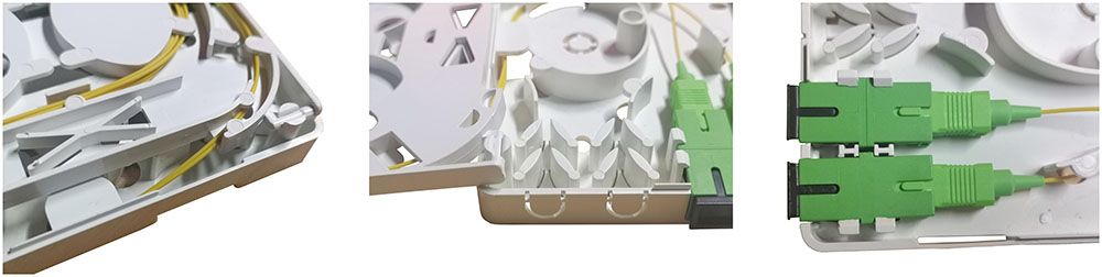 optic wall outlet, 2 sc port, splice tray, white, 2 cable entrance with clip, mounting with screws