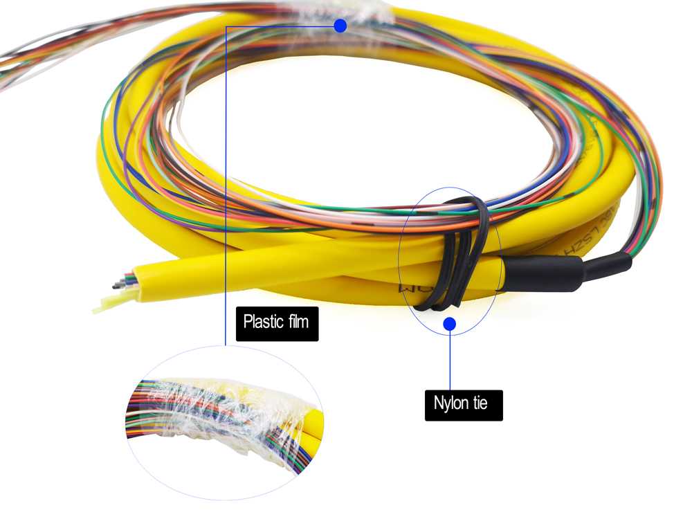 hd bundle pigtail 18 fibers sc pigtal sm os2 yellow, breakout with heat shrink tubing, colored 0.9mm tight buffer sc apc connectors, tia/eia 604 compliant