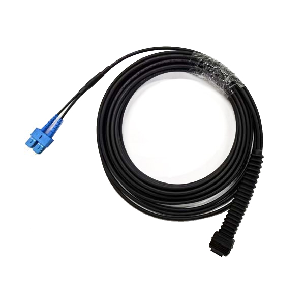 outdoor sc lc duplex patch cord wire, connector: lc uniboot (nsn), sc duplex with clip; cable type: gyhjh 5mm 2 cores single mode g.657a lszh, black, 5mts, 1pc/bag
