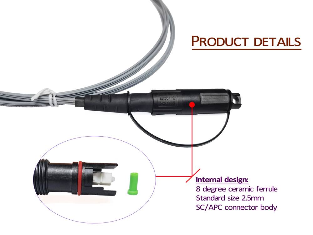 outdoor ftth drop cable pigtail with optitap mini sc apc connector, 2.0*5.0mm figure 8 cable, 2x0.4mm steel strength mmeber, 1mm steel wire messenger, g657a fiber lszh, gray, 50mts