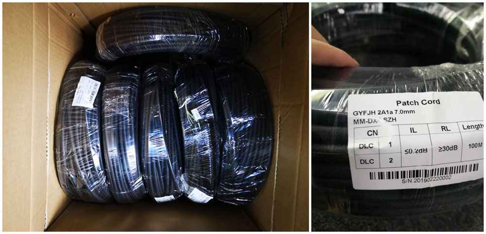 ftta 2 core amored cable with dual lc connectors, with corrugated tubepulling eye, 7.0mm single mode g.657a2, breakout 2mm 0.3m/0.34m, outdoor high tensile fiber optic cable assembly