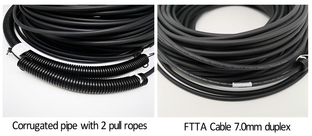 ftta 2 core amored cable with dual lc connectors, with corrugated tubepulling eye, 7.0mm single mode g.657a2, breakout 2mm 0.3m/0.34m, outdoor high tensile fiber optic cable assembly
