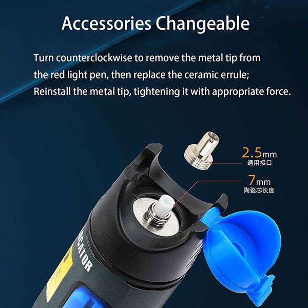 blue laser visual fault locator, 30km range, 650nm wavelength, for fiber optic cable testing & tracing, 9v battery powered
