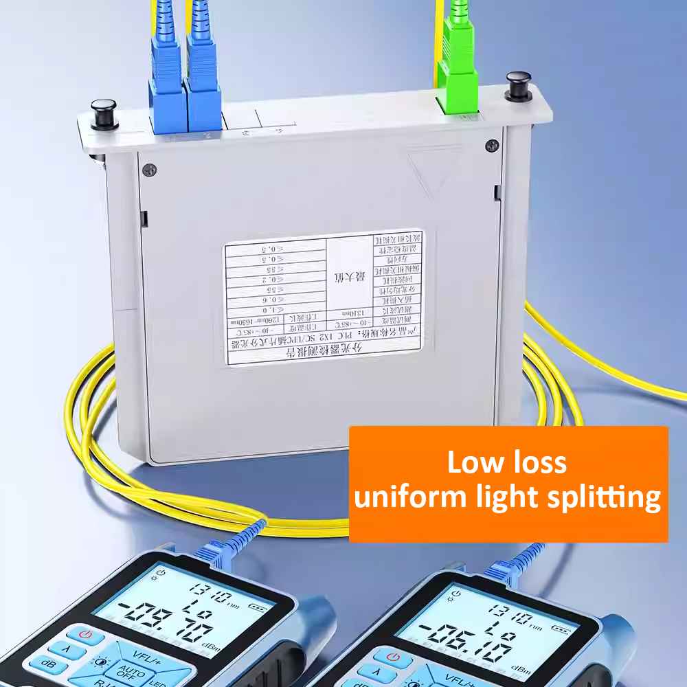 1x2 fiber optic splitter cassette, module size: 130*100*25mm, sc/upc connectors, telecom loss 3.5db, 10pcs/box