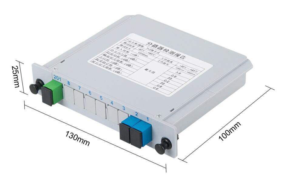 1x2 fiber optic splitter cassette, module size: 130*100*25mm, sc/upc connectors, telecom loss 3.5db, 10pcs/box