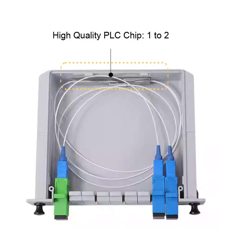 1x2 fiber optic splitter cassette, module size: 130*100*25mm, sc/upc connectors, telecom loss 3.5db, 10pcs/box