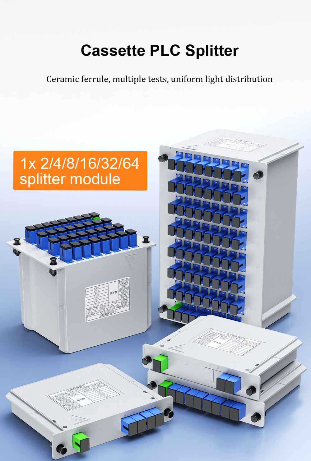 1x64 plc splitter module sc/upc, 8 way 8 sc couplers, abs, gray, max. insertion loss: 21db