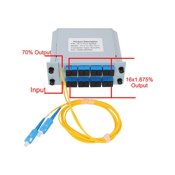 1:17 lgx box plc splitter, input pigtail sc upc 1.5m 2mm yellow, output sc upc couplers, output channel 1:70%, channel 2 17:30%