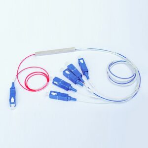 1:5 planar lightwave circuit splitter ratio 60:40, sc upc connectors at both side 1m, g657a1 smf, in red, out ch1: blue 60%, ch2 5: white 10% each