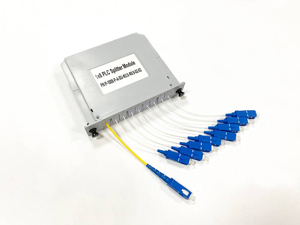 custom input and output of splitter 1 to 8, input 2mm pigtails yellow with sc upc connector, output pigtails sc upc 900um white color